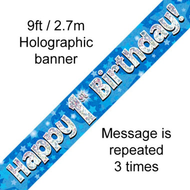 Blue Holographic Happy 1st Birthday Banner