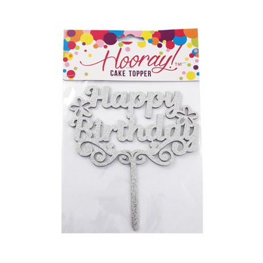 Cake Topper - Silver Glitter Happy Birthday