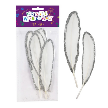 Craft Feathers White Silver Edge 5pc