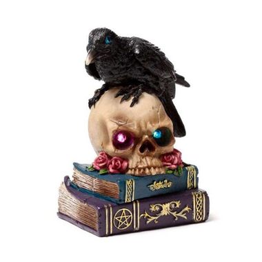 Crow Perched on LED Skull and Books