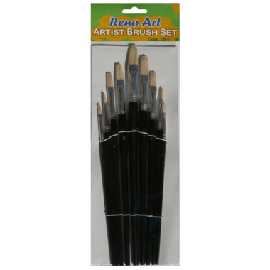 Flat Bristle Brush Set 9pcs - Black Handles