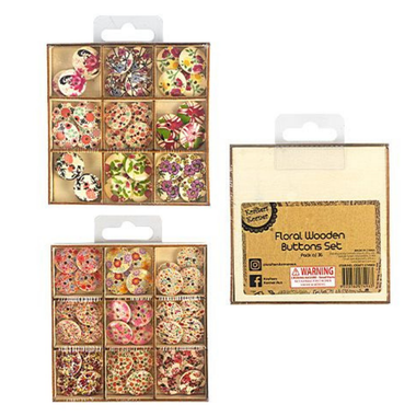 Floral Wooden Buttons 9 Asst - 36pc