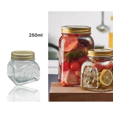 Glass Square Jar w Gold Metal Lid 250ml