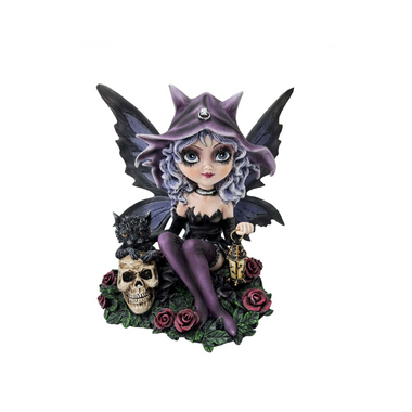 Goth Fairy Holding Lantern with Black Cat, Skulls and Roses